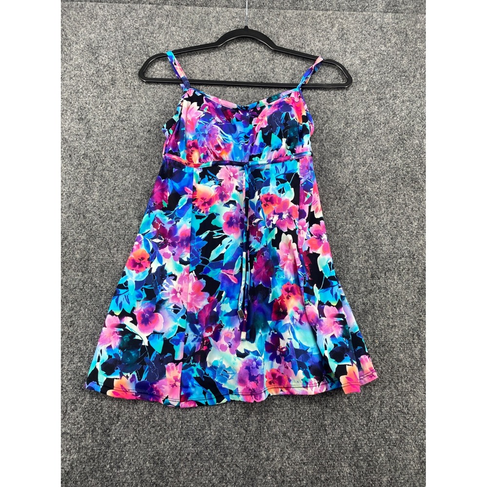 Lands End Floral Swim Dress One Piece Swimsuit Women 8 Blue Purple Watercolor